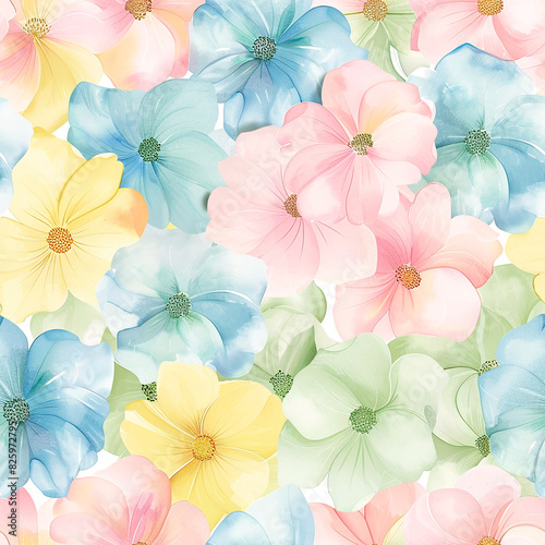 Pastel floral pattern with soft blue, pink, yellow, and green tones, perfect for seamless designs and decoration, providing a delicate and fresh aesthetic
