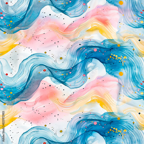 A watercolor painting of a blue and pink wave with gold and pink speckles