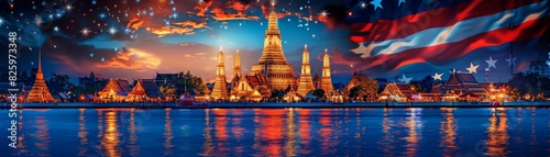 Stunning night view of a beautiful Thai temple illuminated with colorful lights and fireworks reflected on the water.