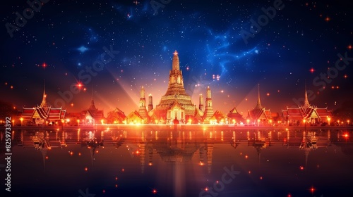 Stunning night view of Wat Arun temple glowing with vibrant lights against a starry sky reflecting on the river in Bangkok, Thailand.