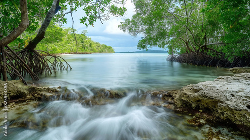 a serene inlet with a gentle stream flowing into the sea, surrounded by lush mangrove forests