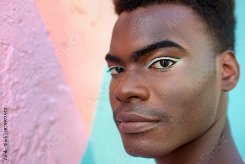 A transgender man gazing confidently into the camera, his identity embraced amidst a backdrop of soft, pastel shades.