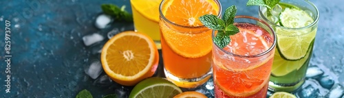 Obraz  z motywem Summer drinks, Close-up of refreshing citrus drinks with fresh fruit and ice.