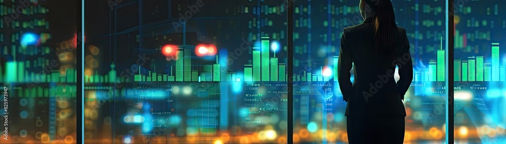 Silhouette of a business professional overlooking a city's financial district at night, with illuminated skyscrapers and stock market graphs. Silhouette of a business professional overlooking a city's financial district at night, with illuminated skyscrapers and stock market graphs.