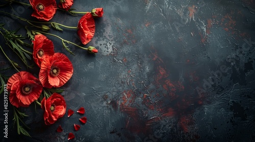 Vibrant red poppies on a dark, textured background, creating a striking and artistic floral composition. Perfect for nature and botanical themes.