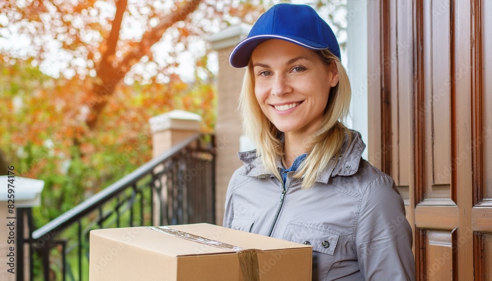 Deliverywoman presenting a Package at the Front door - Delivering a Package to Receiver - Ordering by online Shopping - Parcel Delivery by Courier - E-commerce Growth Deliverywoman presenting a Package at the Front door - Delivering a Package to Receiver - Ordering by online Shopping - Parcel Delivery by Courier - E-commerce Growth