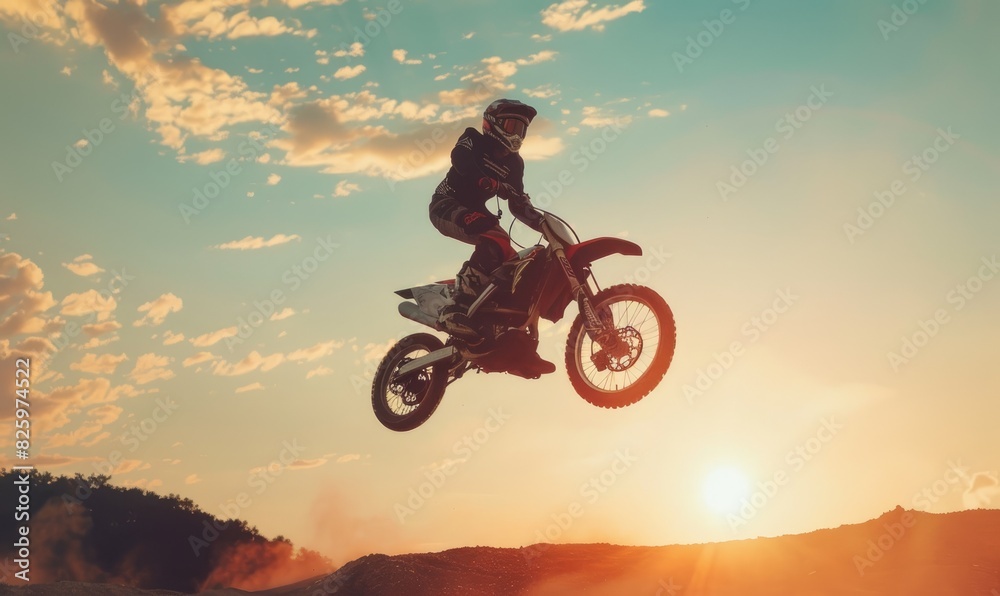 MX freestyle motocross biker in full gear performs a trick in the air at sunset MX freestyle motocross biker in full gear performs a trick in the air at sunset