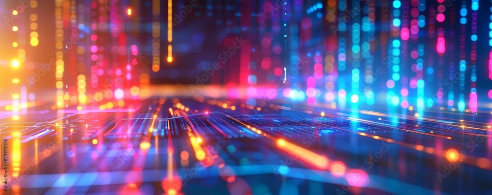 Obraz premium Abstract digital background featuring colorful neon lights and data lines, representing technology, innovation, and futuristic concepts.