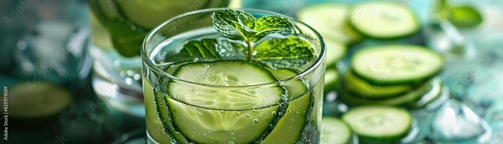 Summer drinks, Refreshing cucumber and mint infused water in a glass. Summer drinks, Refreshing cucumber and mint infused water in a glass.