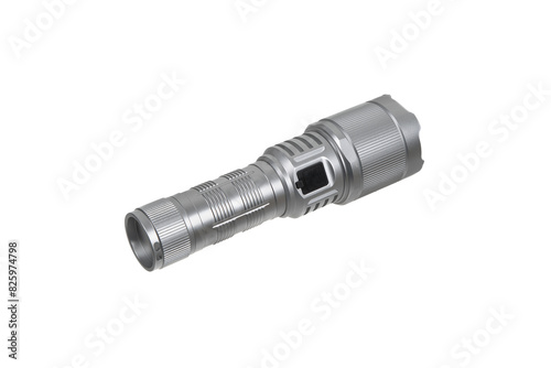 Modern metal LED flashlight in silver color. Portable flashlight isolate on a white back