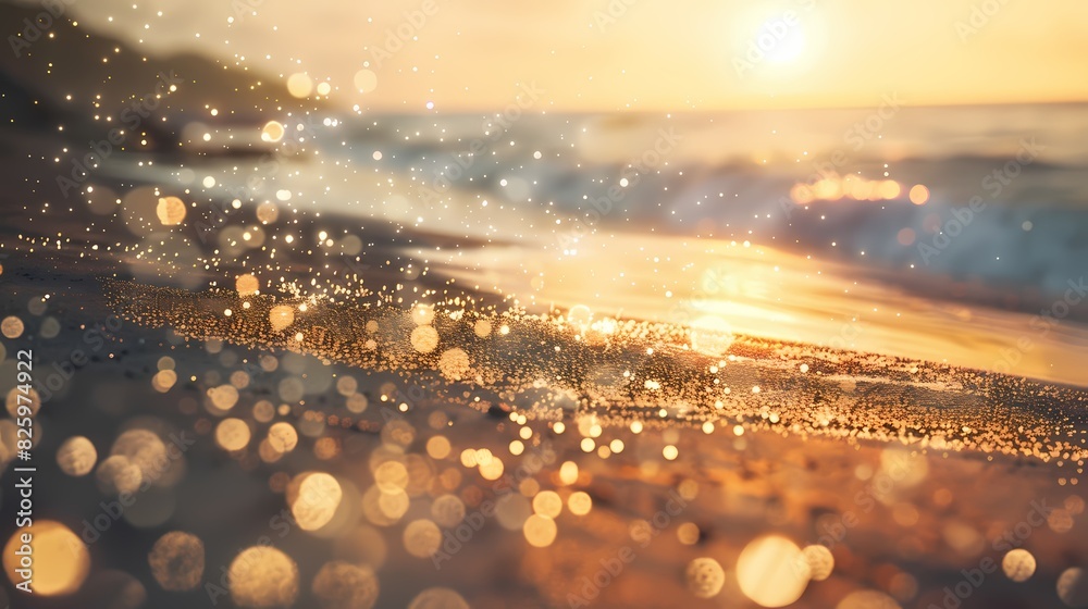 A serene scene of a quiet beach, with a defocused background of gently glowing particles A serene scene of a quiet beach, with a defocused background of gently glowing particles
