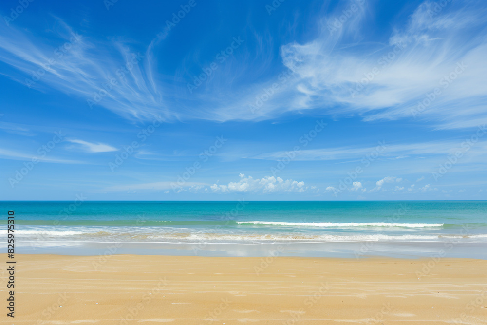 Fototapeta premium Sunlit Beach with Blue Sky and Ocean View
