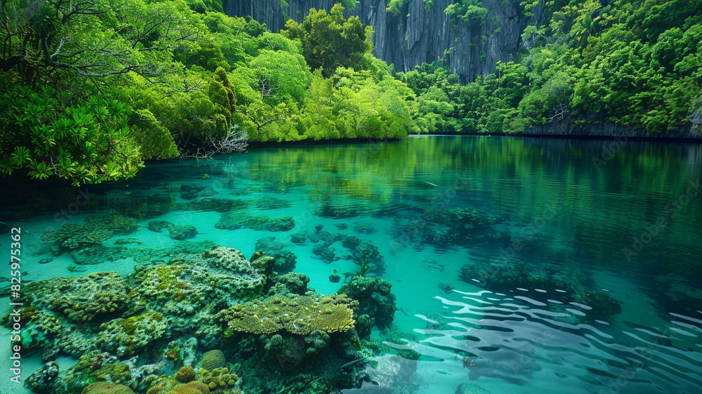 Fototapeta premium a tranquil lagoon surrounded by lush greenery and vibrant coral reefs teeming with marine life