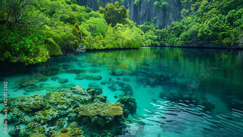 a tranquil lagoon surrounded by lush greenery and vibrant coral reefs teeming with marine life