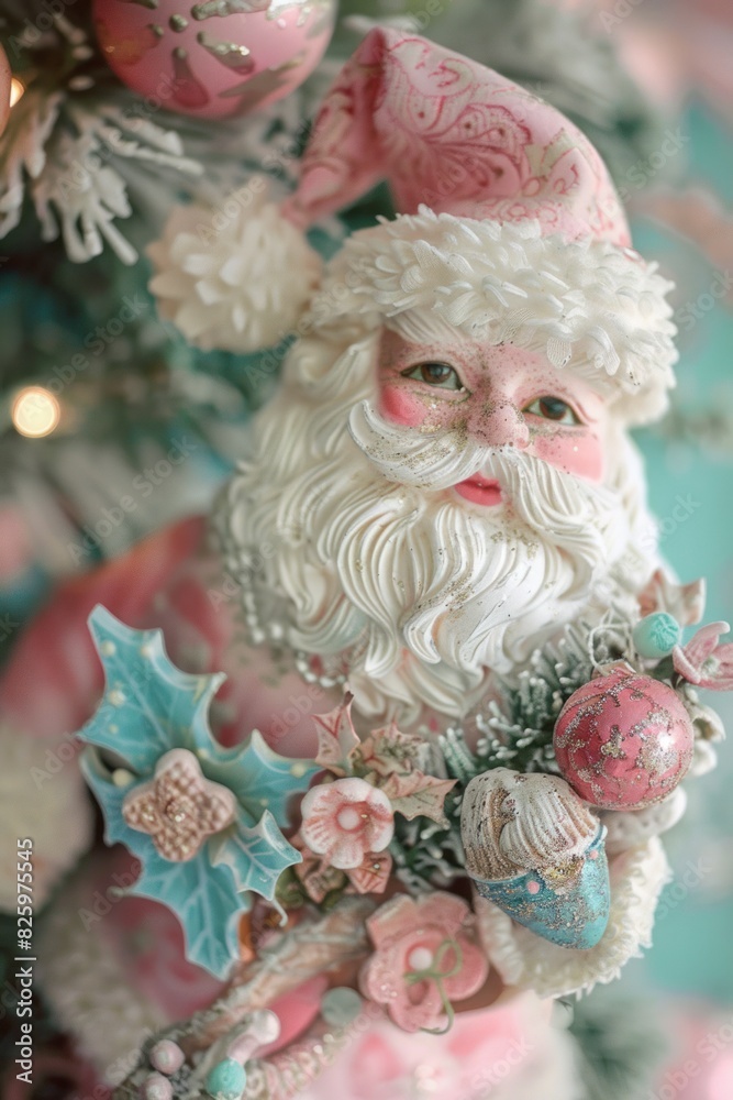 A charming watercolor-style collage printable sheet set featuring a close-up of a pink and white Santa Claus figurine with pink and blue ornaments next to a Christmas tree.