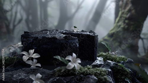 Enchanting Onyx Sponge Cakes Nestled in a Mysterious Forest Dreamscape