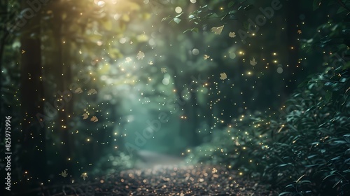 A serene scene of a quiet forest trail, with a defocused background of gently glowing particles © Hamza