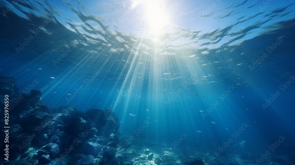 Fototapeta premium Calm underwater scene with sun rays reaching the seabed. Peaceful ocean background.