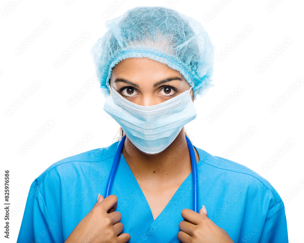 Mask, hair net and portrait of doctor in studio with stethoscope for medical career and ppe. Confident, pride and professional female healthcare worker with safety isolated by white background. Mask, hair net and portrait of doctor in studio with stethoscope for medical career and ppe. Confident, pride and professional female healthcare worker with safety isolated by white background.
