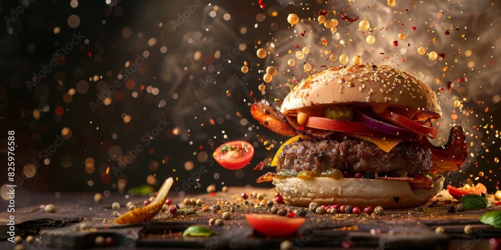 Delicious Gourmet Burger With Bacon and Vegetables in a Vibrant Kitchen Setting Delicious Gourmet Burger With Bacon and Vegetables in a Vibrant Kitchen Setting