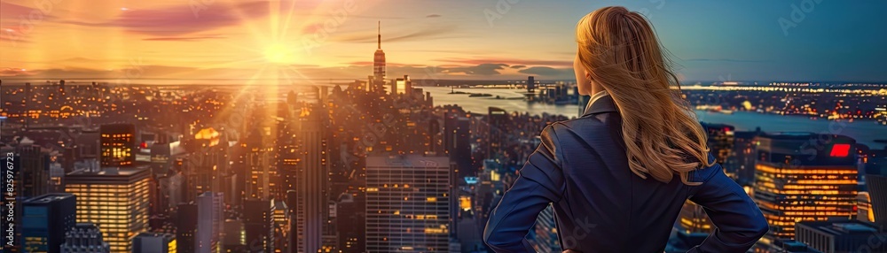 Obraz premium Confident woman overlooking a bustling cityscape at sunset, symbolizing opportunity and ambition in an urban setting.