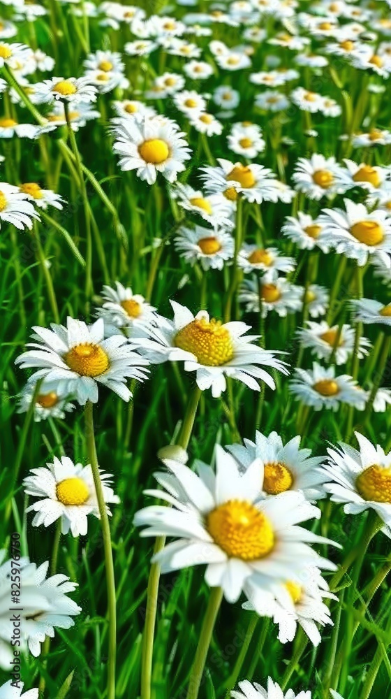 Fototapeta premium Beautiful field of white and yellow daisies, Daisies in nature, Fresh and vibrant flowers, Blooming daisy field scenery