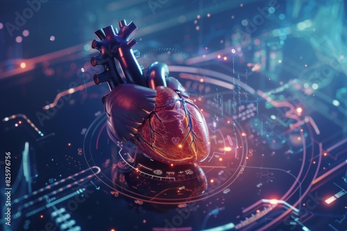 Detailed Futuristic Medical Research With Heart Model in High-Tech Laboratory at Night
