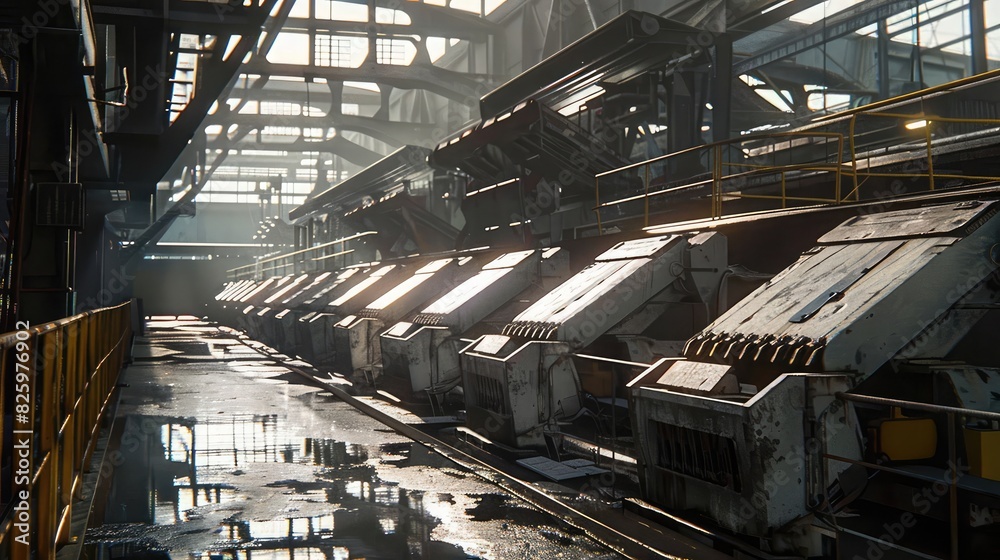 Industrial interior, modern factory machines, industrial lighting, manufacturing facility, urban industrial scene, factory floor, metal structures Industrial interior, modern factory machines, industrial lighting, manufacturing facility, urban industrial scene, factory floor, metal structures