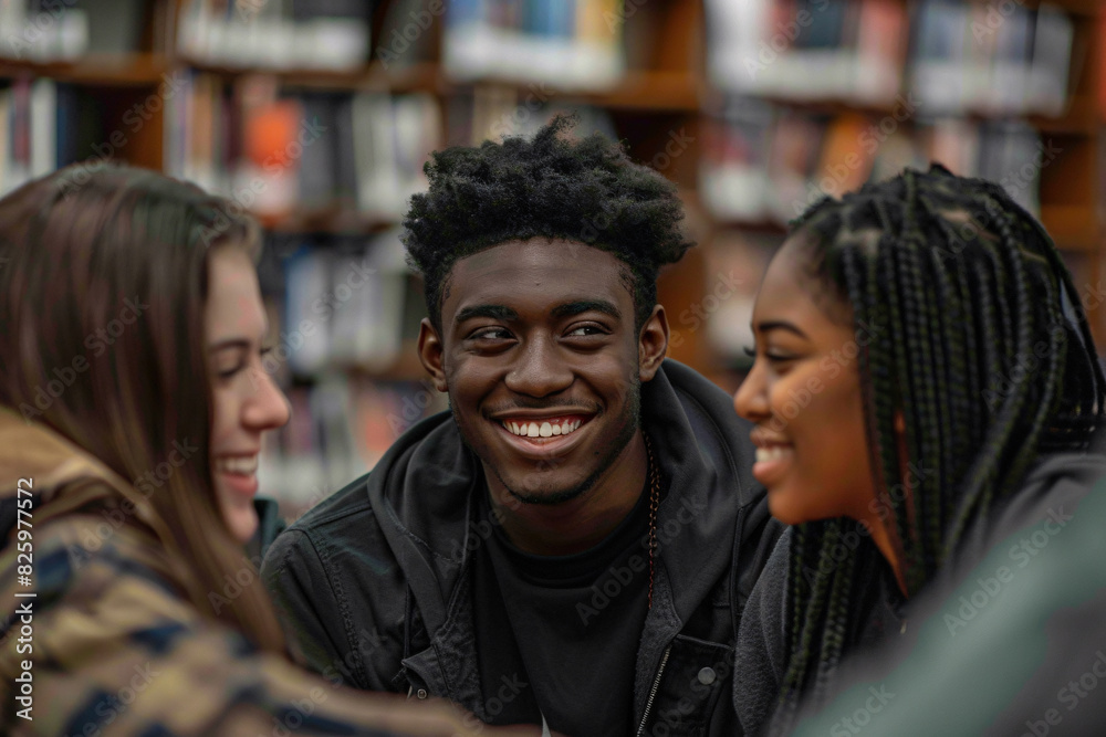 Candid photo of a young black college student smiling and talking with his friends at the library Candid photo of a young black college student smiling and talking with his friends at the library