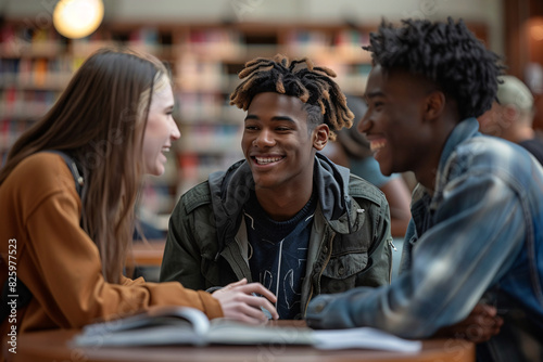 A young black college student smiling and talking with his friends at the library photo