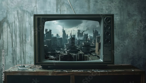 A vintage television set displaying an apocalyptic cityscape © zaen_studio