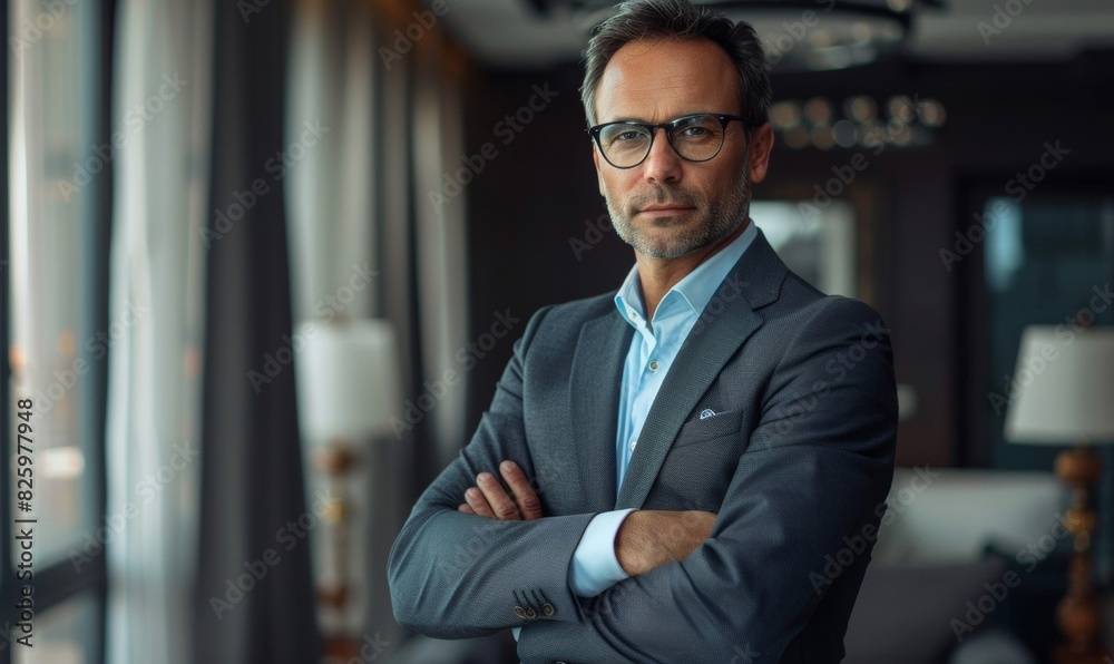 A CEO with arms crossed, exuding authority and confidence A CEO with arms crossed, exuding authority and confidence