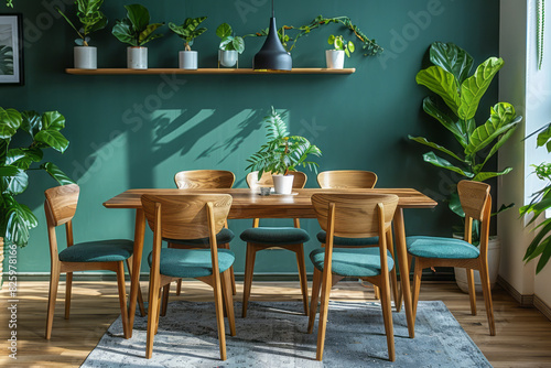 Wooden dining table and chairs against green wall with plants