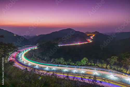 Sunset on the Asia Highway connects between  Thailand and Myanmar,Tak Province Thailand.