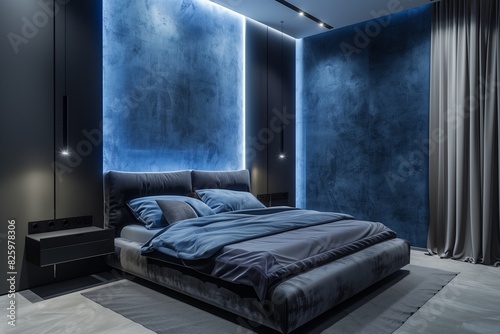 Modern bedroom interior design with blue-gray walls and bright illumination. Hi-tech minimalism style.