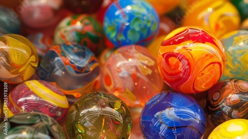 A display of colorful marbles some resembling cowboy hats or bandanas brings to mind childhood games and memories of simpler times.