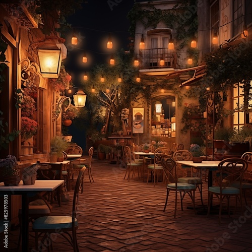 Street exterior narrow street lanterns evening restaurant romantic light summer without people