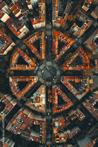 Top-down aerial view of a city grid, focusing on the symmetry and repetitive patterns of streets and buildings.  © grey