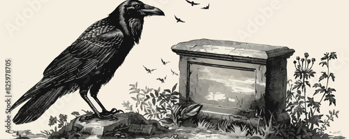 Old gravestone and raven sketch. Cemetery, tombstone in vintage engraving style. vector simple illustration