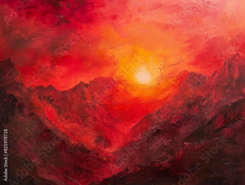 Fiery Impressionism  Majestic Red Sunset Over Rugged Mountains - Strength and Energy in Nature s Splendor