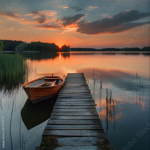 Serene Sunset at a Tranquil Lakeside Pier with Reflections on Calm Water