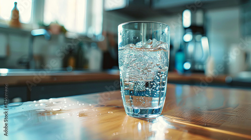 Glass of pure spring water on modern kitchen table, health concept 