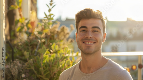 Portrait of a young urban man enjoying beautiful weather on his balcony letting see panorama of the city photo