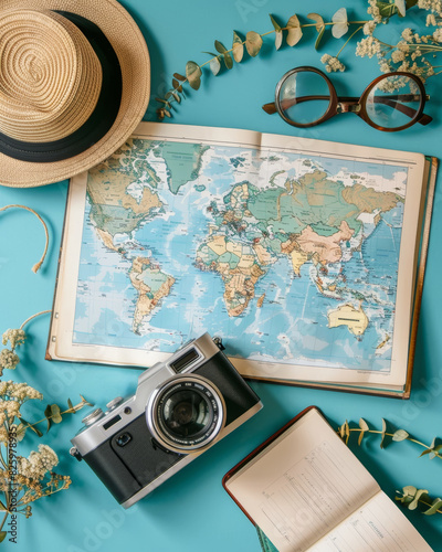 A vibrant travel scene featuring a world map, vintage camera, and stylish accessories, inspiring a sense of wanderlust and the thrill of discovering new destinations. photo