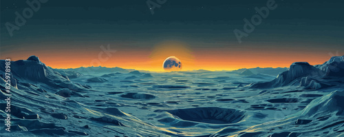 A surreal moonscape with rugged craters, jagged peaks, and a distant view of Earth rising over the horizon. Vector flat minimalistic isolated illustration.