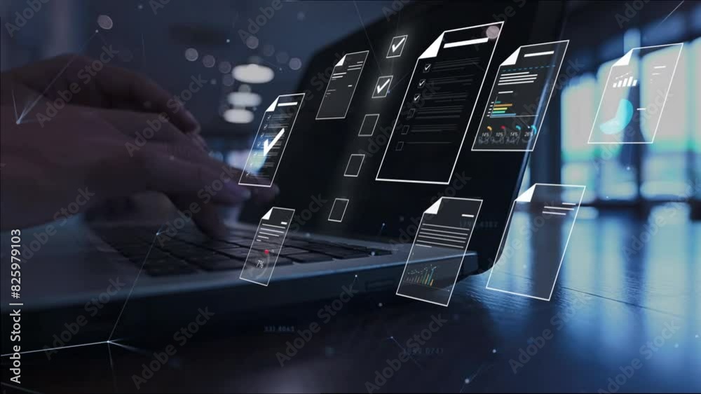 Document management concept, Businesswomen check electronic documents on digital documents on virtual screen Document Management System and process automation to efficiently document paperless operate