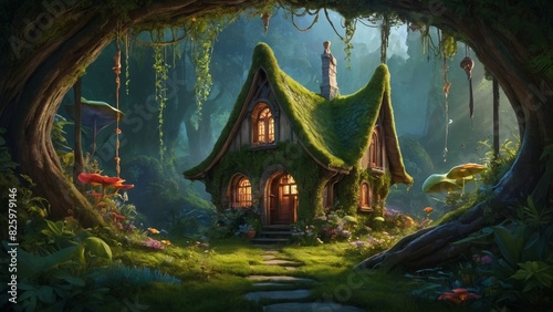 A fairy tale cottage in the forest with glowing windows and a moss-covered roof.