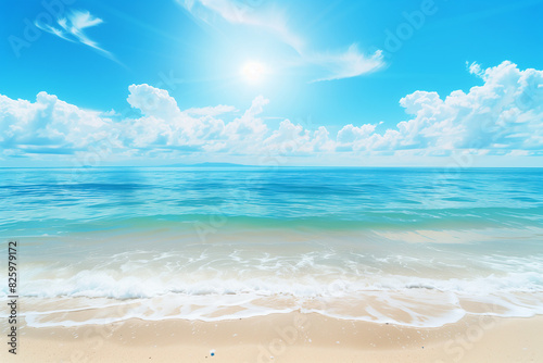 Sunlit Beach with Blue Sky and Ocean View