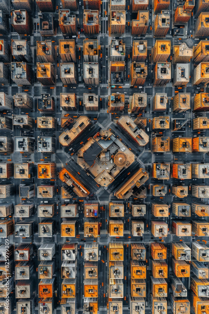 Obraz premium Top-down aerial view of a city grid, focusing on the symmetry and repetitive patterns of streets and buildings. 
