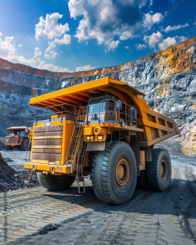 A massive, heavily-built mining truck navigates the rugged, rocky terrain of an active quarry, showcasing the immense scale and power of industrial mining equipment. A massive, heavily-built mining truck navigates the rugged, rocky terrain of an active quarry, showcasing the immense scale and power of industrial mining equipment.